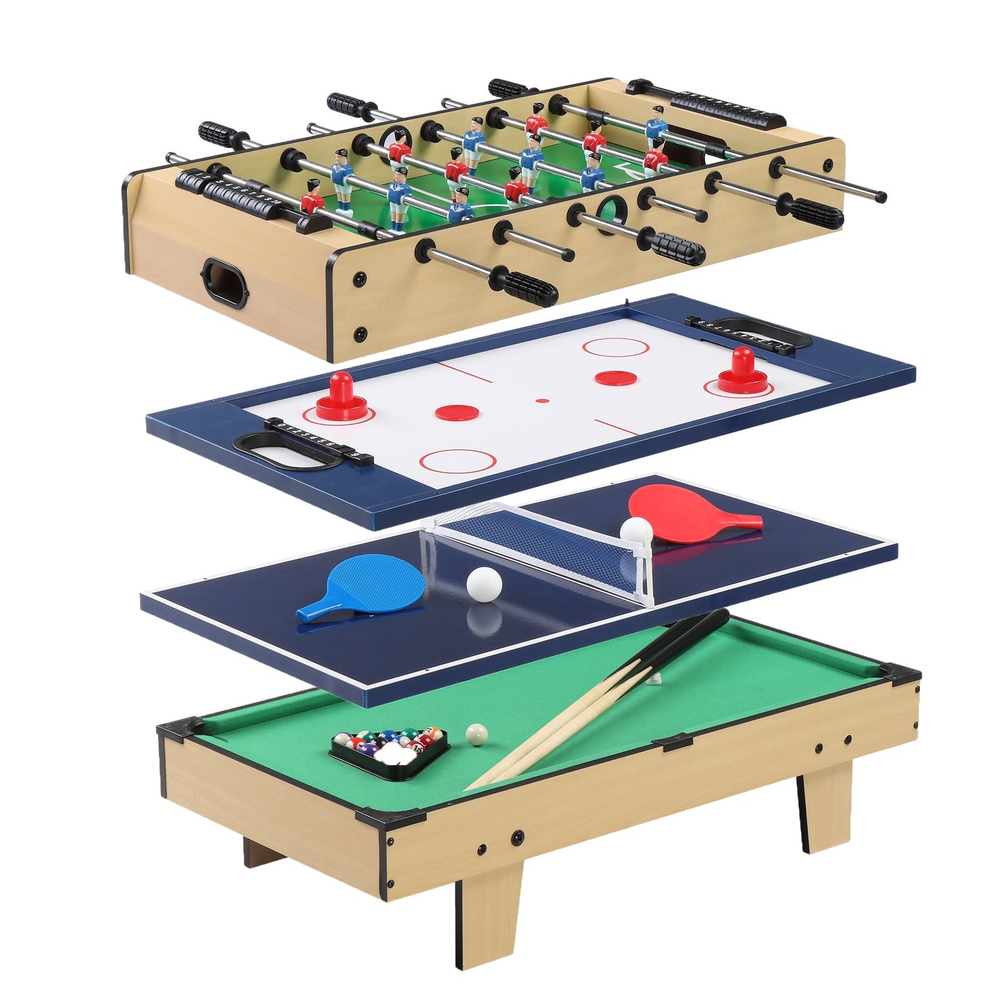 4-in-1 Combo Game Table Set for Home, Play Room, Rec Room, Game Room w/Ping Pong, Foosball, Table Hockey, Billiards, Multi Game Table for Kids Adult