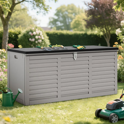 130 Gallon Resin Deck Box, Outdoor Lockable Storage Container for Patio Cushions, Garden Tools, Pool Supplies, Toys, Waterproof and UV Resistant, Gray