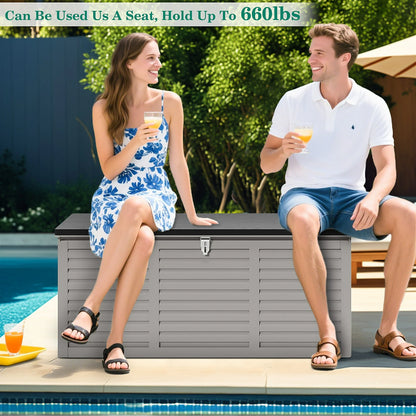 130 Gallon Resin Deck Box, Outdoor Lockable Storage Container for Patio Cushions, Garden Tools, Pool Supplies, Toys, Waterproof and UV Resistant, Gray