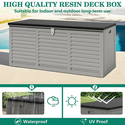 130 Gallon Resin Deck Box, Outdoor Lockable Storage Container for Patio Cushions, Garden Tools, Pool Supplies, Toys, Waterproof and UV Resistant, Gray