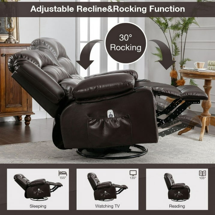 Segmart 360° Swivel Massage Recliner Chairs with Remote Control, PU Leather 8-Point Vibration Massage Recliner Chair with USB Charger, Cup Holders Bread-Type Handrail & Padded Seat Backrest, Brown