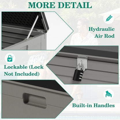 130 Gallon Resin Deck Box, Outdoor Lockable Storage Container for Patio Cushions, Garden Tools, Pool Supplies, Toys, Waterproof and UV Resistant, Gray
