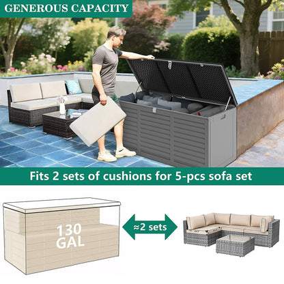 130 Gallon Resin Deck Box, Outdoor Lockable Storage Container for Patio Cushions, Garden Tools, Pool Supplies, Toys, Waterproof and UV Resistant, Gray
