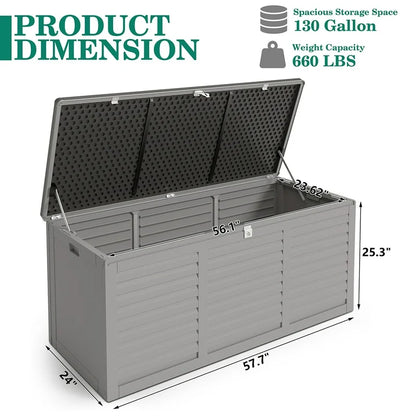 130 Gallon Resin Deck Box, Outdoor Lockable Storage Container for Patio Cushions, Garden Tools, Pool Supplies, Toys, Waterproof and UV Resistant, Gray