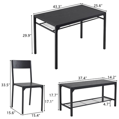 Dining Table Set, 4 Piece Dining Room Table Set for Small Spaces, Kitchen Table with 2 PU Leather Upholstered Chairs and a Long Bench, Space-Saving Table Set for Kitchen, Dining Room, Restaurant
