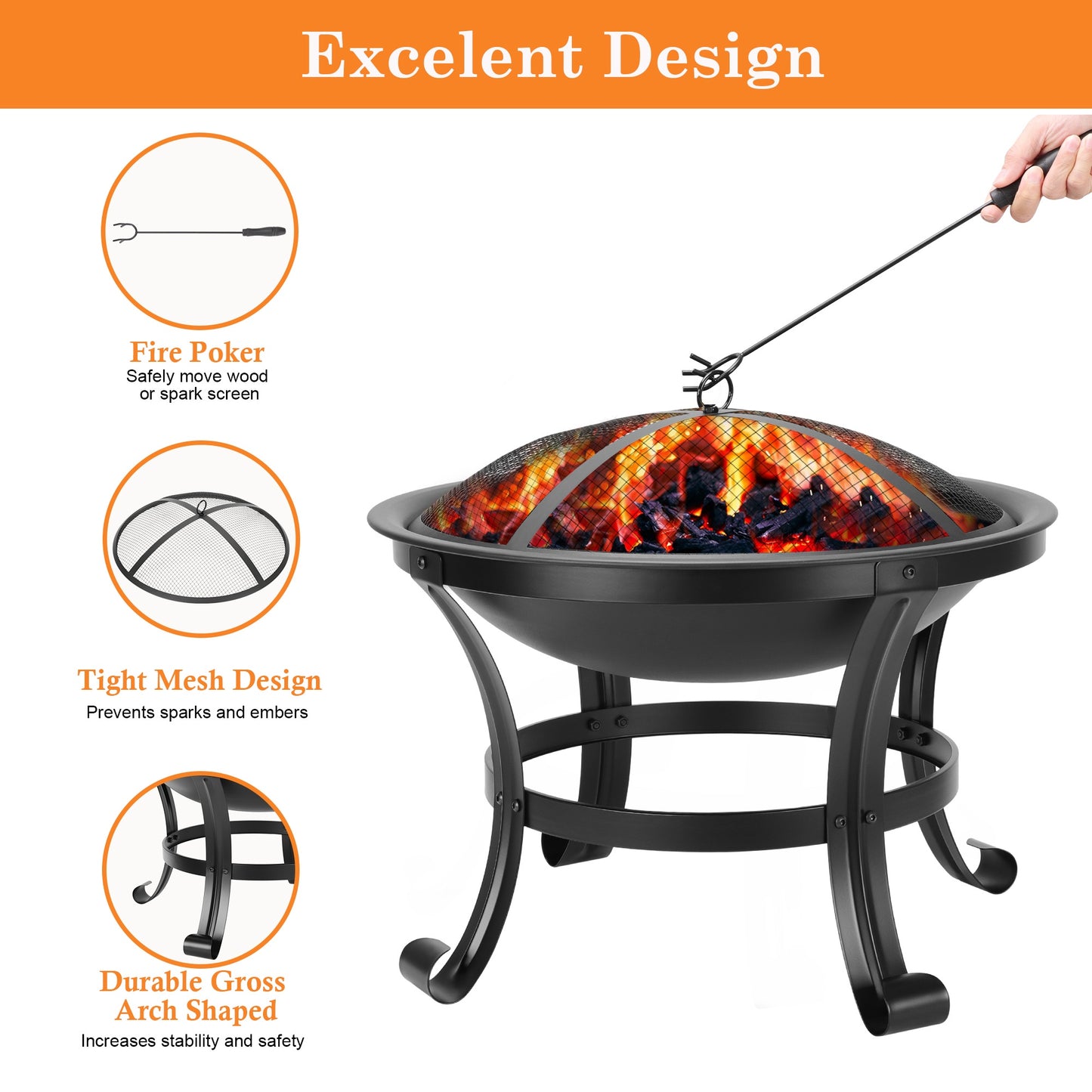 Segmart 22" Round Fire Pit, Curved Feet Iron Outdoor Wood Burning Fire Pit Patio Decoration for Backyard Poolside, Black