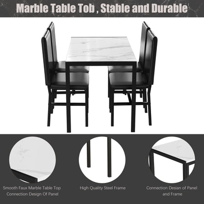 Kitchen Table and 4 Chairs Set, Metal Kitchen Table Sets Faux Marble Rectangular Breakfast Table w/Metal Legs & Black Finish Frame, Dining Table Sets for an Apartment Breakfast, SS1268