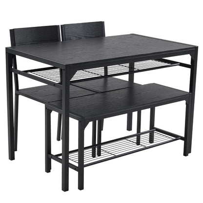Dining Table Set, 4 Piece Dining Room Table Set for Small Spaces, Kitchen Table with 2 PU Leather Upholstered Chairs and a Long Bench, Space-Saving Table Set for Kitchen, Dining Room, Restaurant
