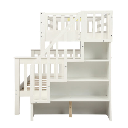 SEGMART Wood Bunk Beds , 76.97'' x 51.57'' Solid Wood Twin-Over-Full Bed, Sturdy Wood Twin-Over-Full Bunk Beds w/ 4 Storage Shelves, 4-Step Ladder, Full-Length Guardrails, 250lbs, S1914