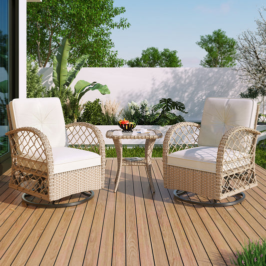 3PCS Rattan Patio Furniture Set, 2-person Luxurious Outdoor Chair Set with Table, Porch Bistro Wicker Swivel Rocker with Cushions