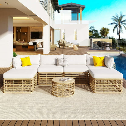 7 Pieces Patio Furniture Set, Wicker Sectional Table and Chairs Sets, Patio Conversation Set with Sectional Chaise Longue, Coffee Table, Suitable for Porch Backyard Garden, Beige