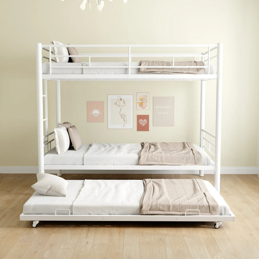 Bunkbed with Roll Out Trundle Bed Frame, Metal Bunk Bed Can Be Divided Into Two Twin Beds, Trundle Twin Bunk Bed with Ladders and Guardrails for Guest Room, Space Saving Bedroom Furniture, White, K111