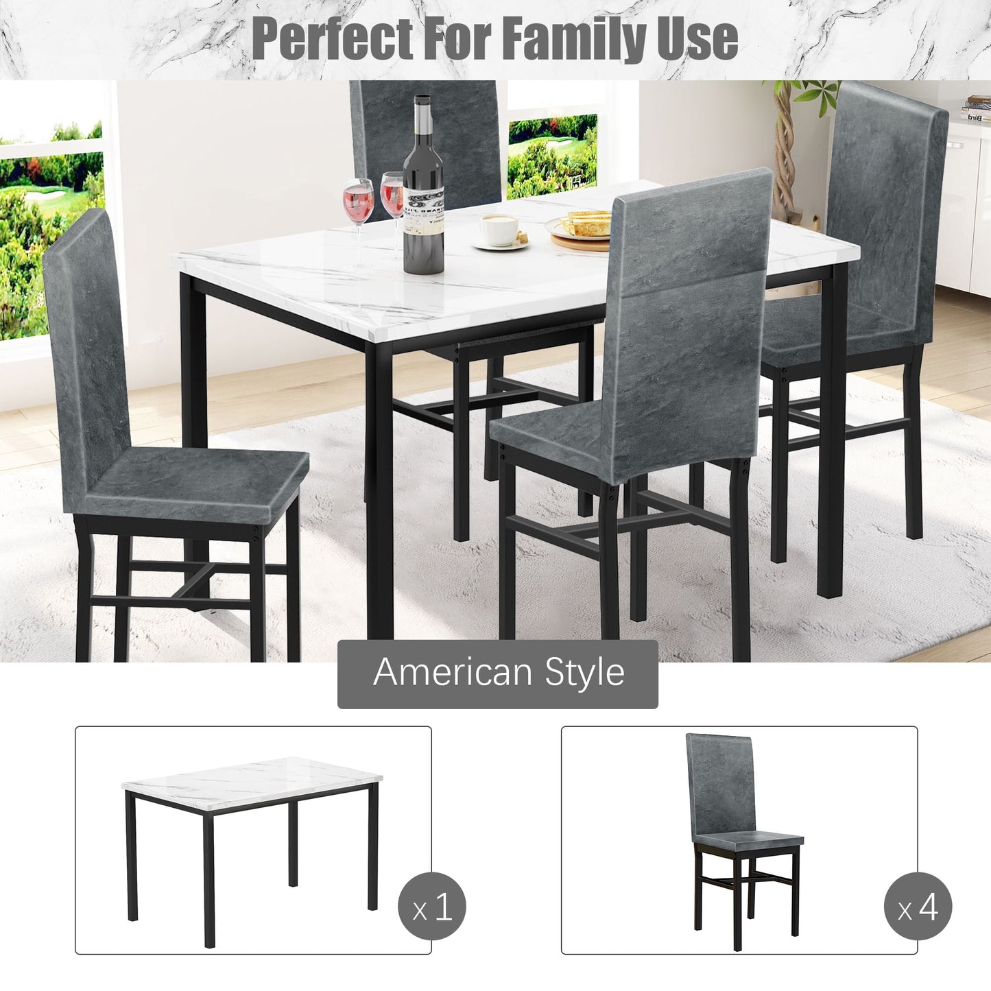 Kitchen Table and 4 Chairs Set, Metal Kitchen Table Sets Faux Marble Rectangular Breakfast Table w/Metal Legs & Black Finish Frame, Dining Table Sets for an Apartment Breakfast, Grey, SS1318