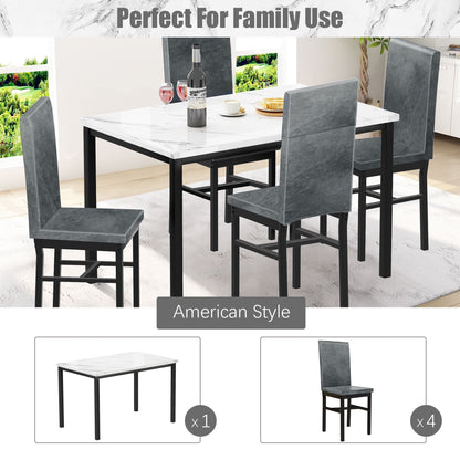 Kitchen Table and 4 Chairs Set, Metal Kitchen Table Sets Faux Marble Rectangular Breakfast Table w/Metal Legs & Black Finish Frame, Dining Table Sets for an Apartment Breakfast, Grey, SS1318