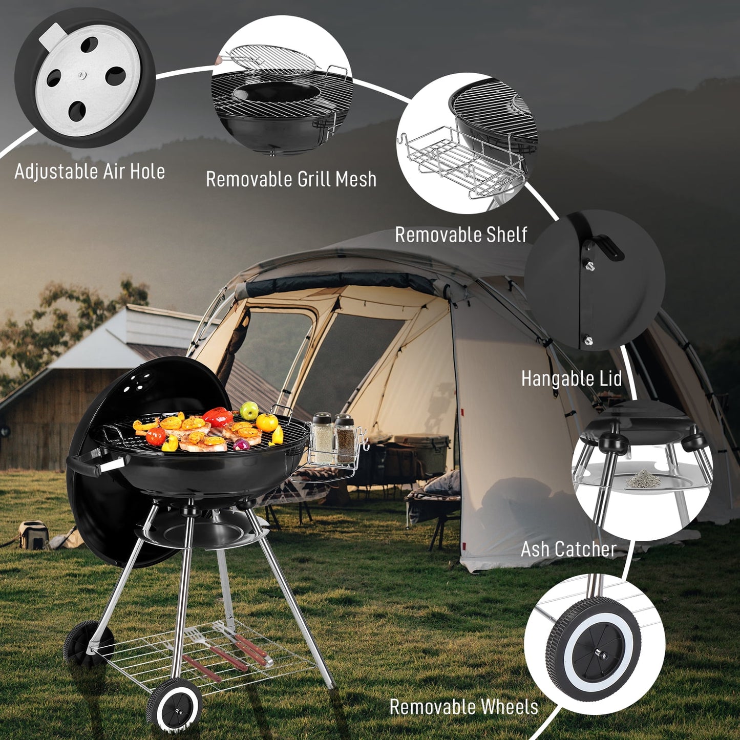 Segmart 28" Portable Charcoal Grill with Wheels, Outdoor Barbecue Kettle Grill for Camping, Tailgating, Backyard BBQ,Adjustable Vents, Removable Ash Catcher