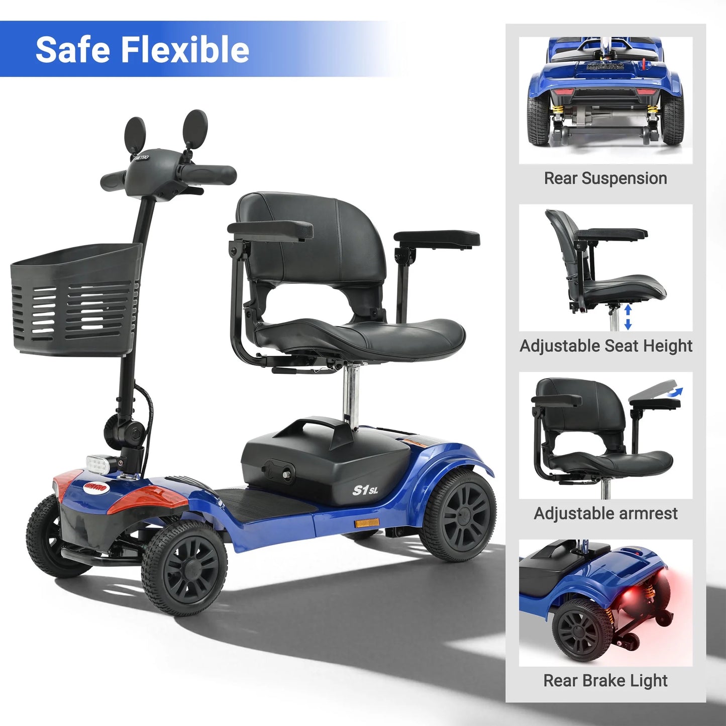 Segmart 4-Wheel Mobility Scooter for Seniors, 300W Foldable Electric Scooter with USB & LED Light, 14-Mile Range, 300 lb Capacity, UL Certified, Blue