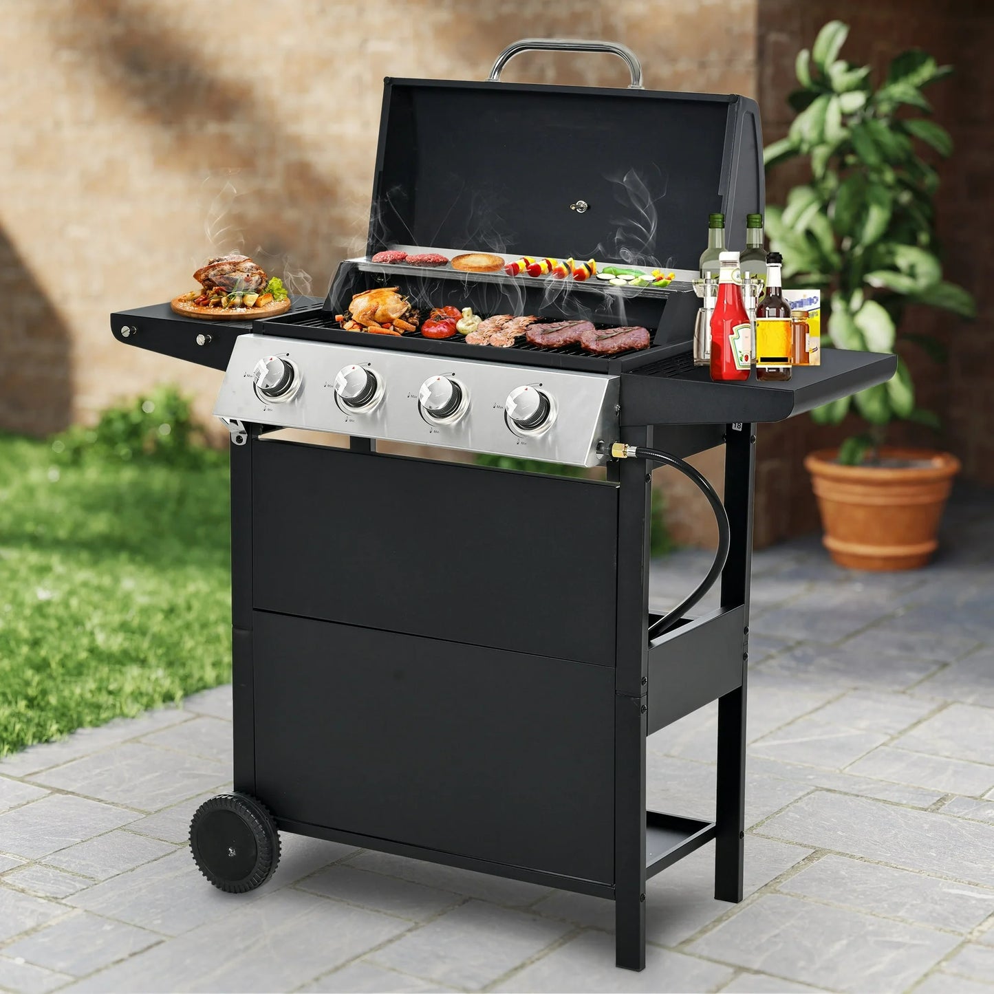 4-Burner Gas Grill and Griddle Combo with Side Burner, 46,790 BTU Propane BBQ Grill with Porcelain-Enameled Cast Iron Grates, Build in Thermometer, Ideal for Patio Camping Outdoor Cooking