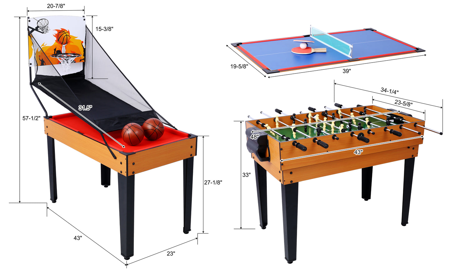 Multi Game Table for Family Game Room, 5-in-1 Combo Game Table Set for Kids and Adults, Combination Game Table Includes Foosball Table, Pool Billiards, Air Hockey, Table Tennis & Basketball Arcade