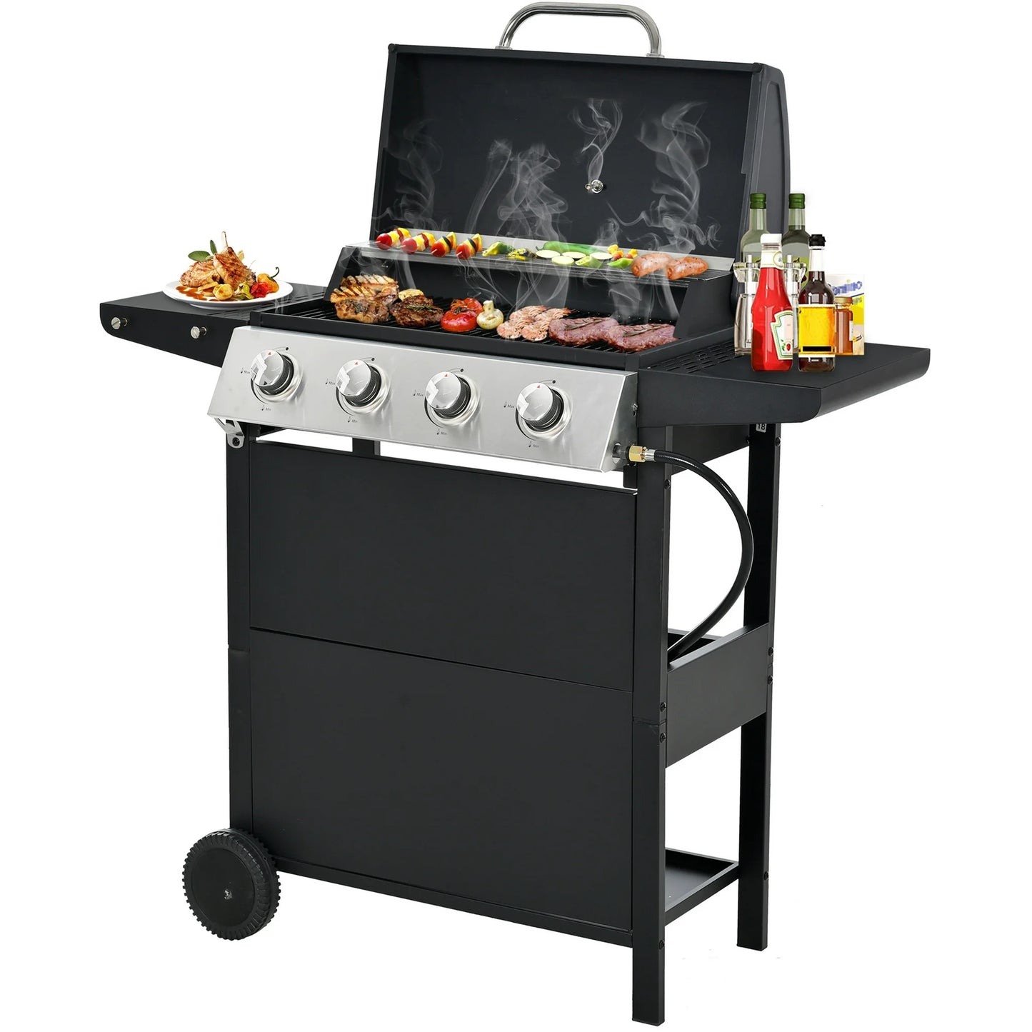 Segmart 3 Burner BBQ Propane Gas Grill, Stainless Steel 25,650 BTU Patio Garden Barbecue Grill with Folding Side Tables, Hanging Basket & Thermometer, Perfect for Camping, Outdoor Cooking