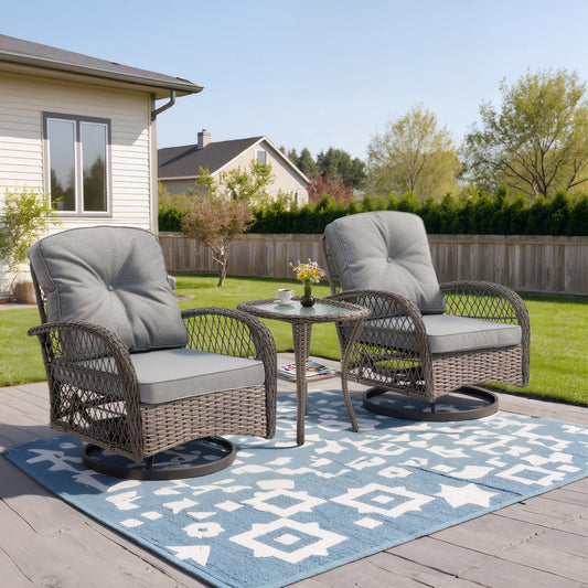 Patio Swivel Rocker Bistro Set, 3 Piece 360° Rocking Patio Conversation Set with Thickened Cushions, 2 Patio Swivel Rocking Chairs with 1 Glass Top Table, for Garden Yard Balcony Pool Cafe (Gray)