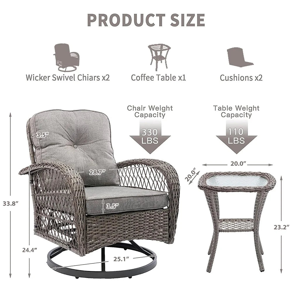 Patio Swivel Rocker Bistro Set, 3 Piece 360° Rocking Patio Conversation Set with Thickened Cushions, 2 Patio Swivel Rocking Chairs with 1 Glass Top Table, for Garden Yard Balcony Pool Cafe (Gray)