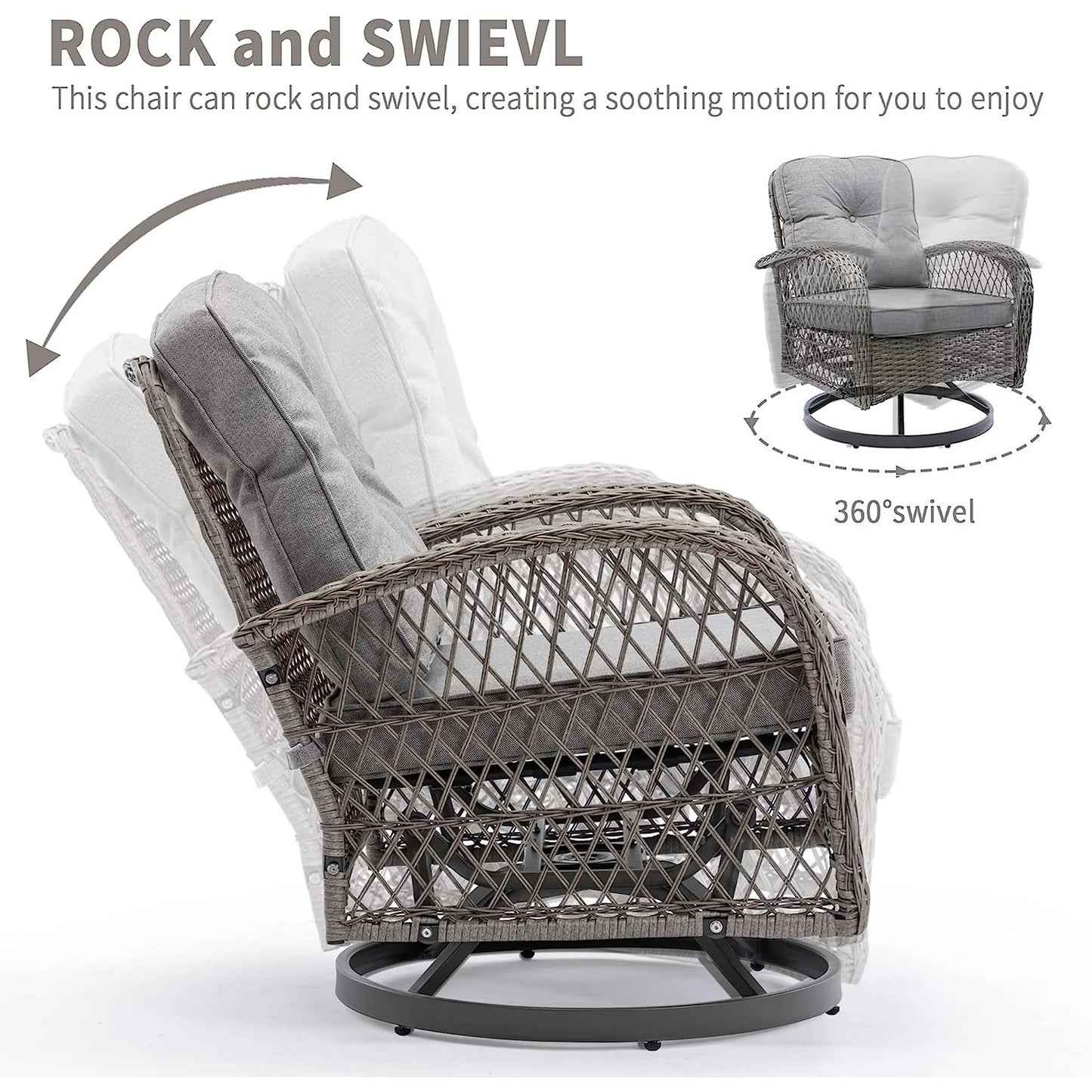 Patio Swivel Rocker Bistro Set, 3 Piece 360° Rocking Patio Conversation Set with Thickened Cushions, 2 Patio Swivel Rocking Chairs with 1 Glass Top Table, for Garden Yard Balcony Pool Cafe (Gray)