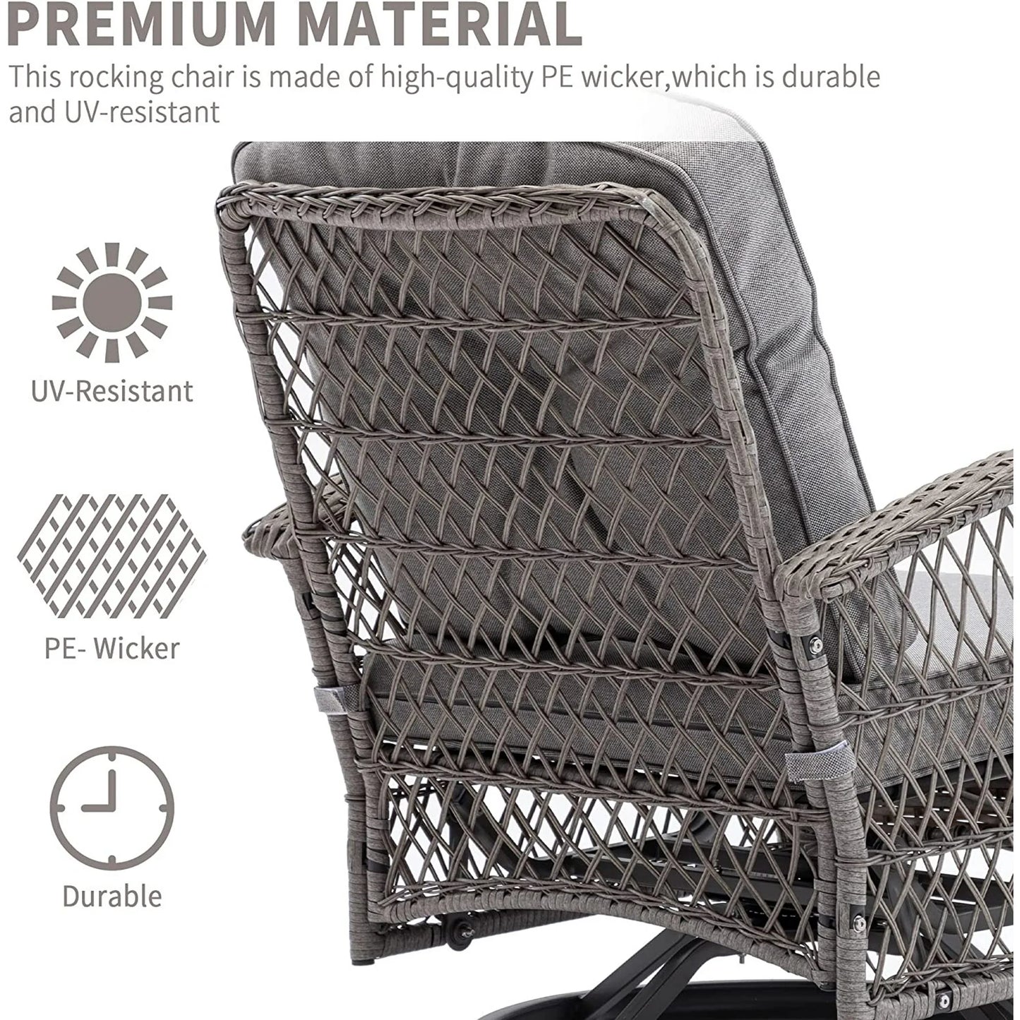 Patio Swivel Rocker Bistro Set, 3 Piece 360° Rocking Patio Conversation Set with Thickened Cushions, 2 Patio Swivel Rocking Chairs with 1 Glass Top Table, for Garden Yard Balcony Pool Cafe (Gray)