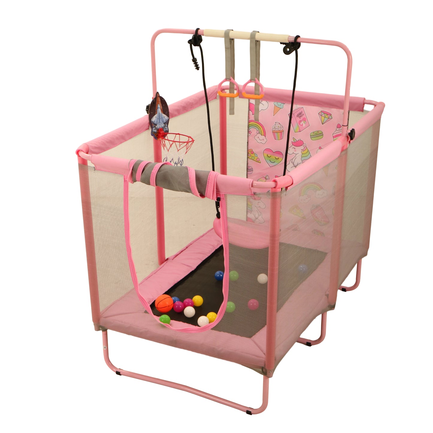 Toddler Trampoline with Basketball Hoop, 60" Indoor Trampoline for Kids, Kids Trampoline with Enclosure Net, Rectangle Trampoline with Handle, Small Trampoline for Indoor Outdoor, Mini Trampoline