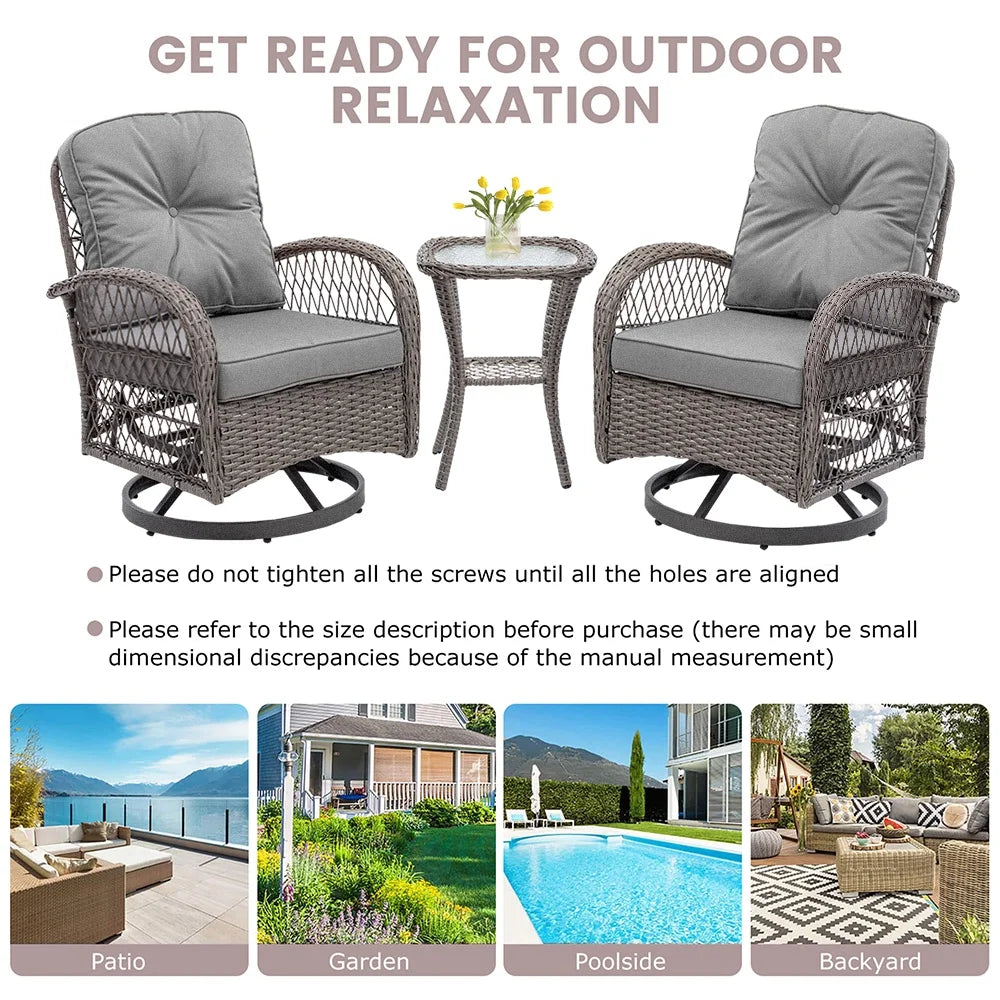 Patio Swivel Rocker Bistro Set, 3 Piece 360° Rocking Patio Conversation Set with Thickened Cushions, 2 Patio Swivel Rocking Chairs with 1 Glass Top Table, for Garden Yard Balcony Pool Cafe (Gray)