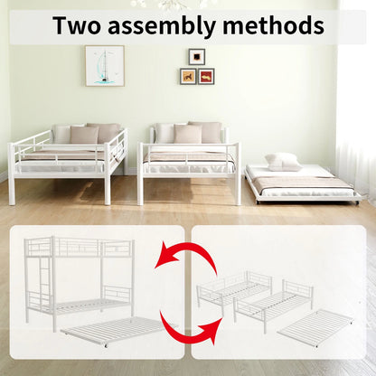 Twin Over Twin Bunk Bed with Trundle, Metal Twin Bed with Safety Guard Rail and Ladders, Space-Saving Design Sleeping Bedroom Bunk Bed for Boys, Girls, Kids, Young Teens & Adults, Easy Assembly, K116