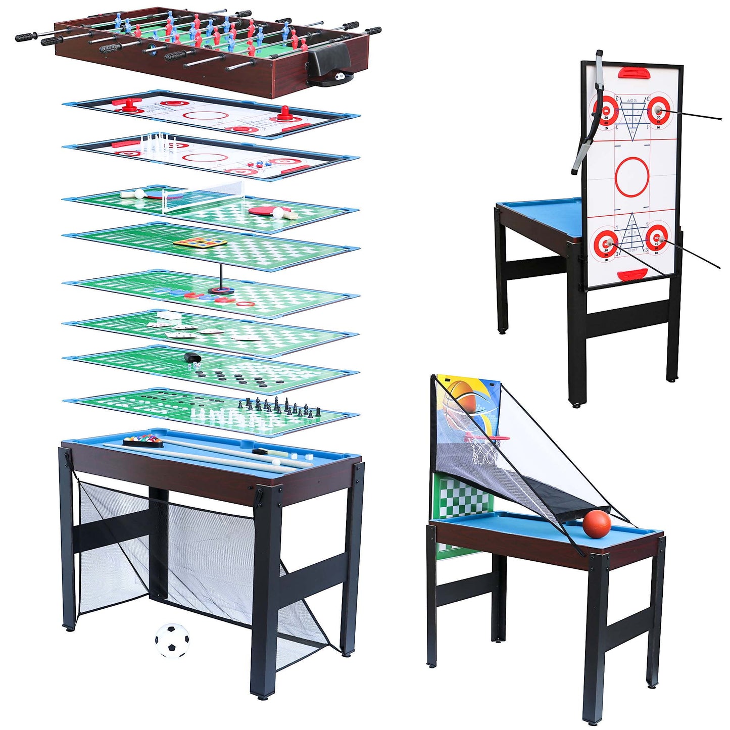 48'' 16 in 1 Multi Game Table, Combo Game Table Set for Game Room, Multifunctional Game Table with Bow, Arrow, Basketball, Football, Hockey, Foosball, Shuffleboard, Ping Pong, Chess, Checkers, Bowling