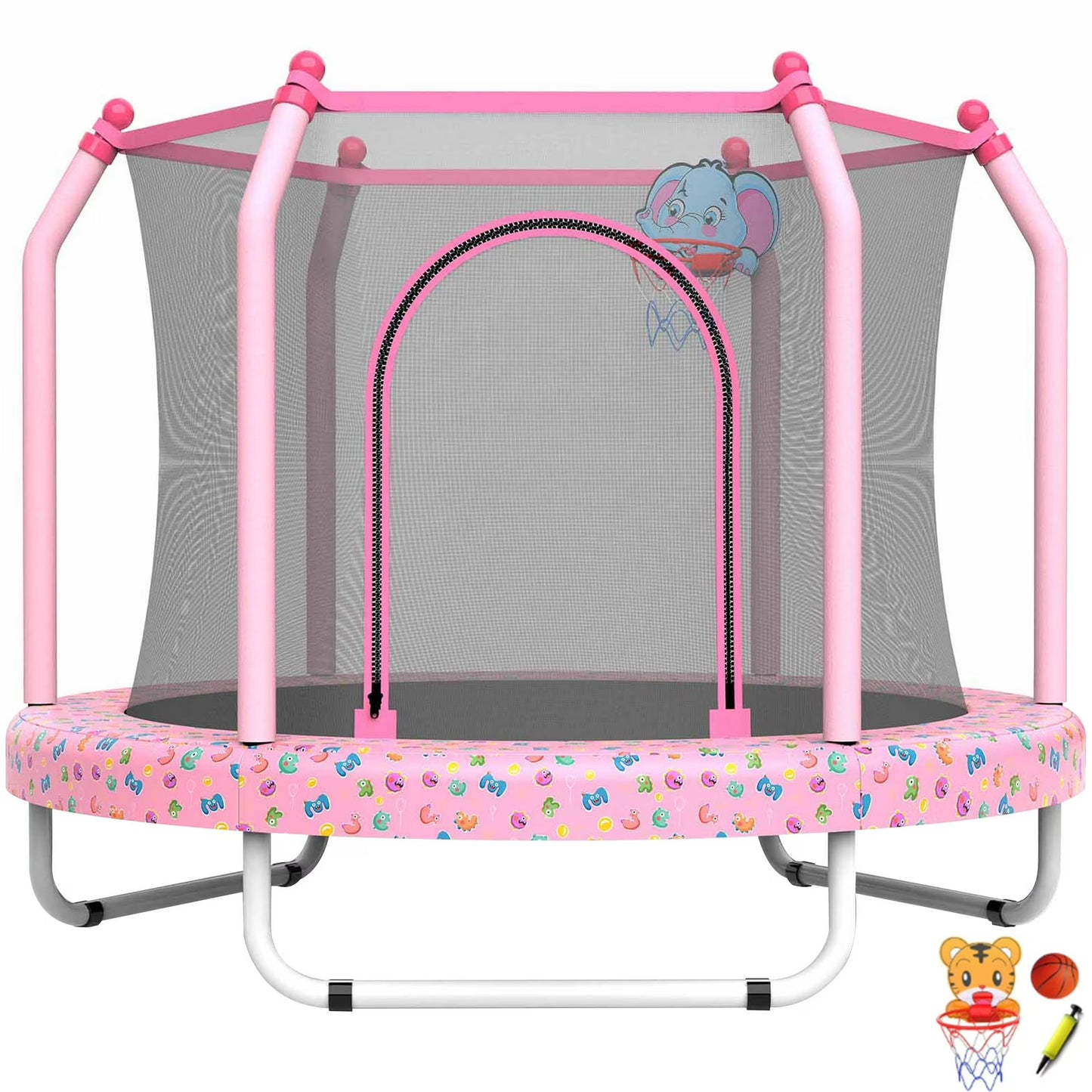 55" Trampoline with Enclosure for Kids, SEGMART Indoor Outdoor Toddler Trampoline with Basketball, Indoor Outdoor Kids Trampoline with Basketball Hoop, Small Round Trampoline for Boys Girls