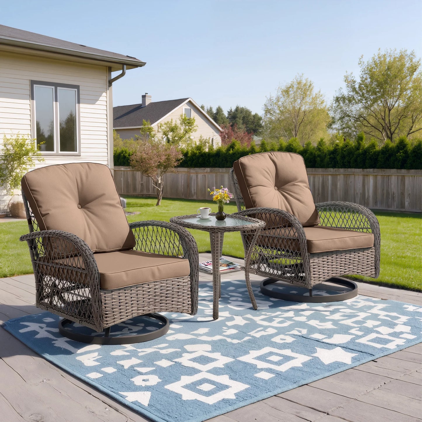 Patio Swivel Rocker Bistro Set, 3 Piece 360° Rocking Patio Conversation Set with Thickened Cushions, 2 Patio Swivel Rocking Chairs with 1 Glass Top Table, for Garden Yard Balcony Pool Cafe (Gray)