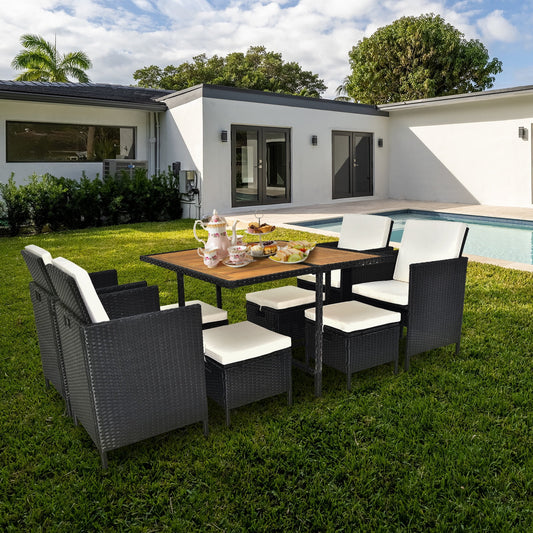 9 Piece Patio Furniture Dining Set, Outdoor Rattan Wicker Patio Dining Table Set, All-Weather Conversation Set, Cushioned Sectional Chair Set with Ottoman & Table for Deck Garden Patio Balcony