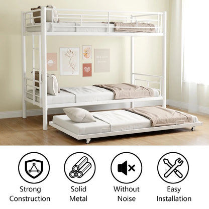 Bunkbed with Roll Out Trundle Bed Frame, Metal Bunk Bed Can Be Divided Into Two Twin Beds, Trundle Twin Bunk Bed with Ladders and Guardrails for Guest Room, Space Saving Bedroom Furniture, White, K111