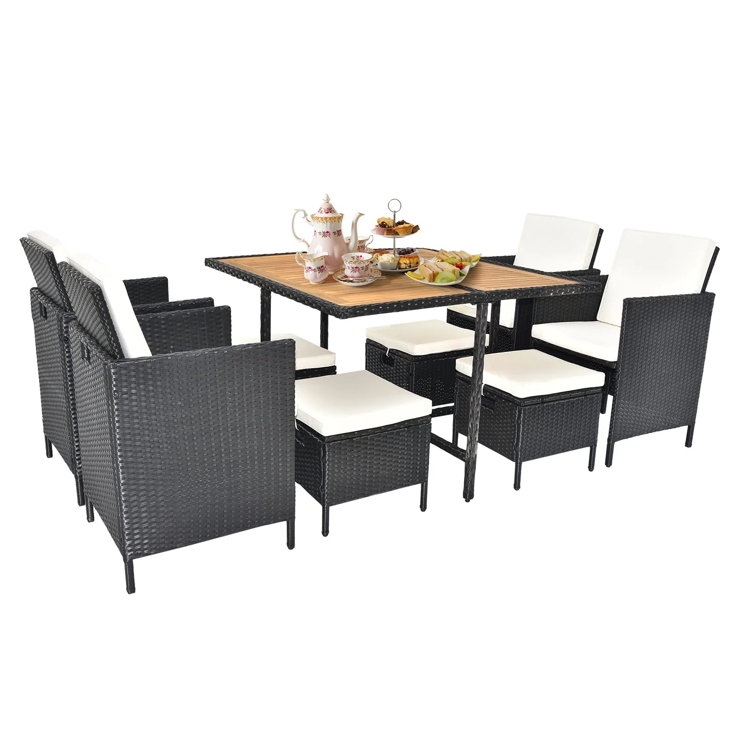 9 Piece Patio Furniture Dining Set, Outdoor Rattan Wicker Patio Dining Table Set, All-Weather Conversation Set, Cushioned Sectional Chair Set with Ottoman & Table for Deck Garden Patio Balcony