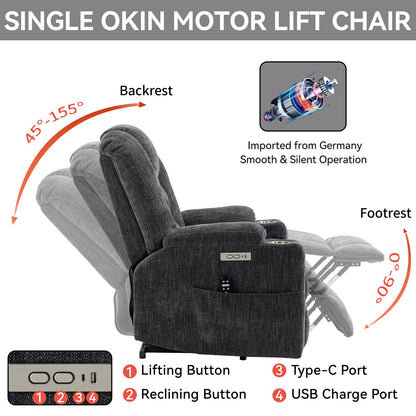 Power Lift Recliner Chair with Massage and Heat for Elderly, Segmart Overstuffed Wide Recliners, Heavy Duty Motion Mechanism with USB and Type C Ports, 2 Steel Cup Holders, Dark Gray