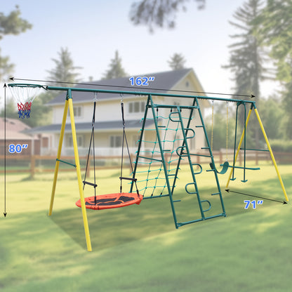 Swing Sets for Backyard, 6 in 1 Swing Set for Outside, Segmart Heavy Duty A-Frame Metal Swing Set with Climbing Ladder and Nets, Saucer Swing, Belt Swing, Basketball Hoop, Wavy Slide