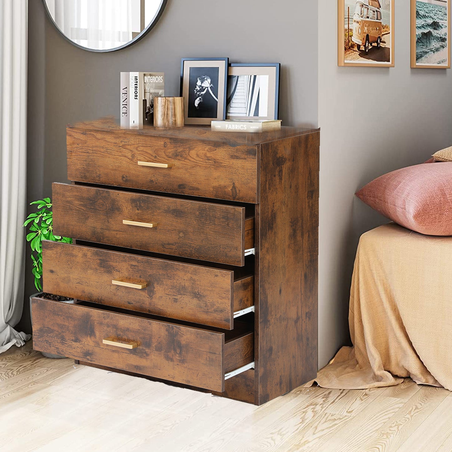 Brown Wood Chest Cabinet for Office, 26'' x 13'' x 29'' Durable MDF Wood Chest Cabinet with Metal Handles, Simple Bedroom Furniture Chest of Drawers for Closet to Storing Clothes, Cosmetic, S7892