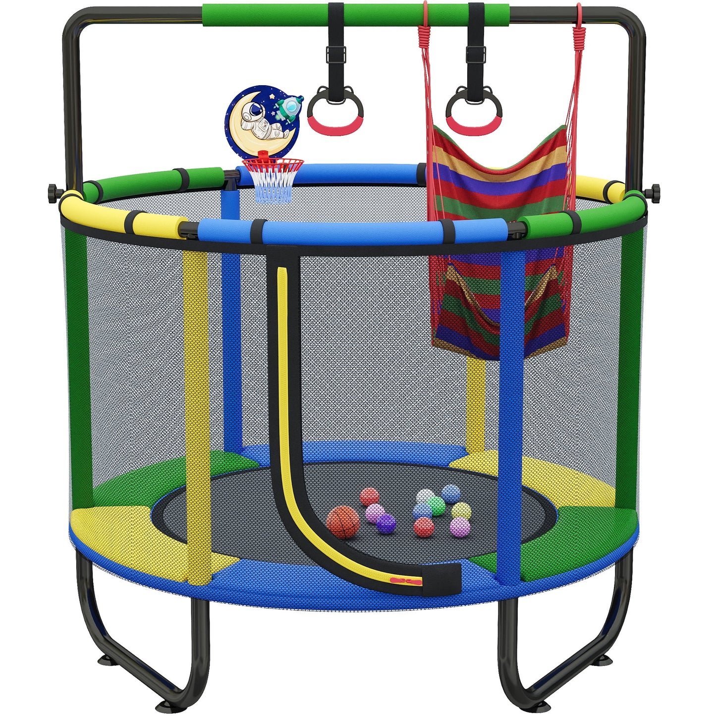 55" Toddler Trampoline with Safety Enclosure Net, Upgrade Mini Trampoline with Basketball Hoop and Ball, Indoor Outdoor Trampoline Birthday Gifts with No Gap Design for Kids Ages 1-8