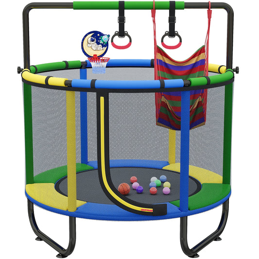 55" Toddler Trampoline with Safety Enclosure Net, Upgrade Mini Trampoline with Basketball Hoop and Ball, Indoor Outdoor Trampoline Birthday Gifts with No Gap Design for Kids Ages 1-8