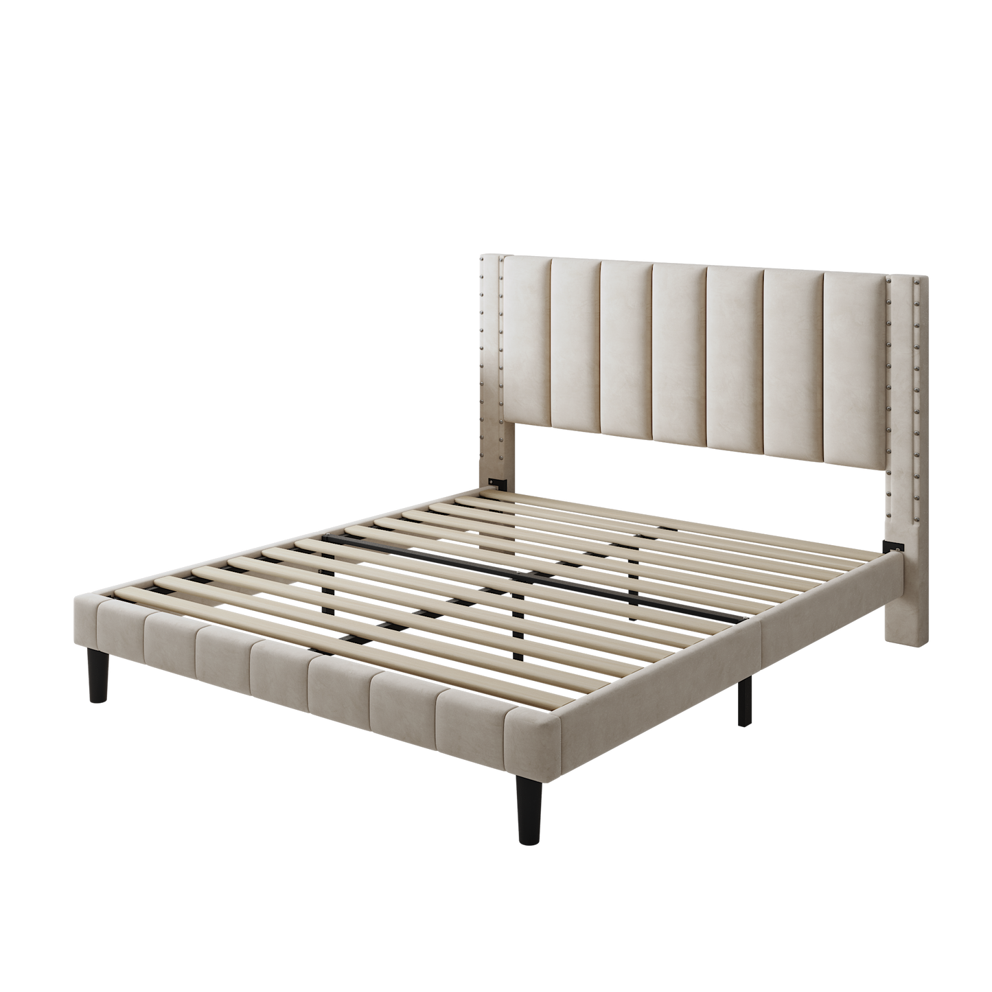 Segmart Queen Size Velvet Upholstered Bed Frame with Adjustable Rivets Headboard, Platform Bed with Wooden Slats Support, Fully Upholstered Mattress Foundation, No Box Spring Needed, Beige