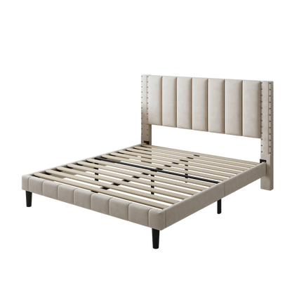 Segmart Queen Size Velvet Upholstered Bed Frame with Adjustable Rivets Headboard, Platform Bed with Wooden Slats Support, Fully Upholstered Mattress Foundation, No Box Spring Needed, Beige