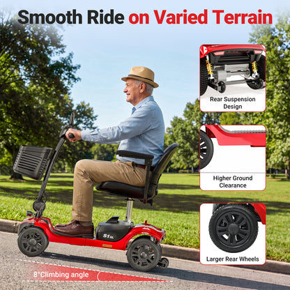 Mobility Scooter for Seniors, Segmart 4-Wheel Electric Mobility Scooter with 360° Swivel Seat, Anti-Tip Wheels, Detachable Battery, USB, LED Light, 300 lb Capacity, Red