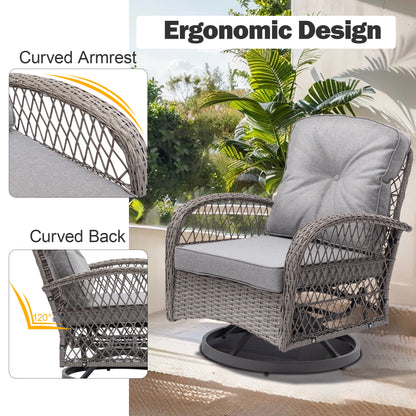Balcony Furniture Set of 2, Outdoor Swivel Gliders Rocker Cushioned, 3 Pieces Patio Furniture Rattan Wicker Bistro Conversation Set for Porch Deck, Glass Top Side Table, Gray Cushions