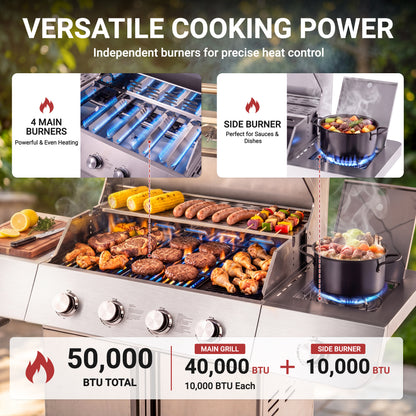 4-Burner Gas Grill and Griddle Combo with Side Burner, 50,000 BTU Propane BBQ Grill with Porcelain-Enameled Cast Iron Grates, Built-in Thermometer, Ideal for Patio Camping Outdoor Cooking
