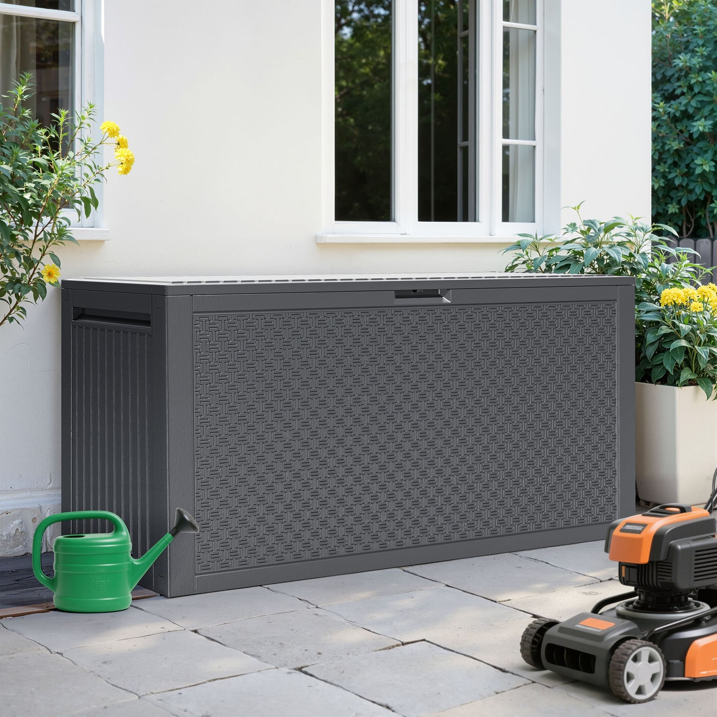 90 Gallon Outdoor Storage Box, Multi-function Deck Box for Organization & Storage, And As a Bench, Waterproof Outdoor Storage Container for Patio Cushions, Gardening Tools, Pool Supplies - Gray