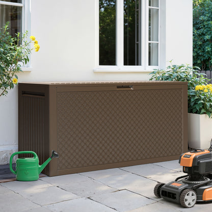 75 Gallon Resin Deck Box, Outdoor Lockable Storage Container for Patio Cushions, Garden Tools, Pool Supplies, Toys, Waterproof and UV Resistant, Brown
