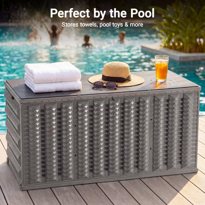 180 Gallon Resin Deck Box, Outdoor Storage Box for Patio Furniture Cushions, Garden Tools, Pool Supplies and Toys, Lockable Weather Resistant Storage Chest with UV Protection, Reinforced Construction, Built-in Wheels, Gray