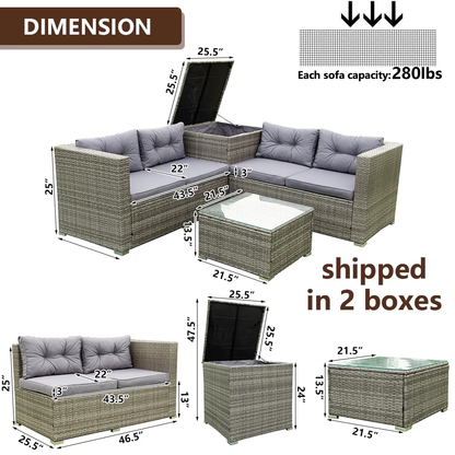 Segmart 4-Piece Rattan Wicker Sofa Set with Cushions, Glass Table & Storage Box